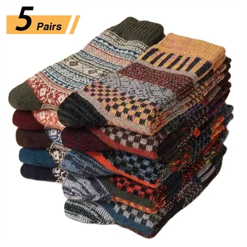 5 Пар зимних мужских носков, утепленные носки из овечьей шерсти, теплые мужские красочные мужские носки в стиле ретро для зимних ботинок