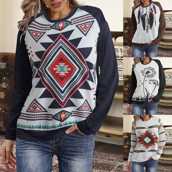 Женские толстовки с круглым вырезом и геометрическим принтом в стиле пэчворк, повседневный пуловер в этническом стиле, Женская блузка, топы Sudadera Mujer