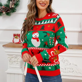 Женские свитера большого размера, женская мода, рождественский контрастный снеговик, мультяшный олень, жаккардовые пуловеры с длинным рукавом и круглым вырезом
