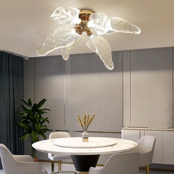 Потолочная люстра для гостиной роскошный домашний декор листья дизайн акриловая светодиодная лампа золотой светильник для спальни с регулируемой яркостью
