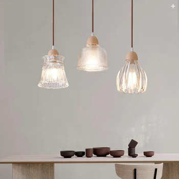 Стеклянный прикроватный светильник, Японские Деревянные подвесные лампы, бра из прозрачного стекла, светодиодный потолочный светильник E27 для обеденного стола на кухне